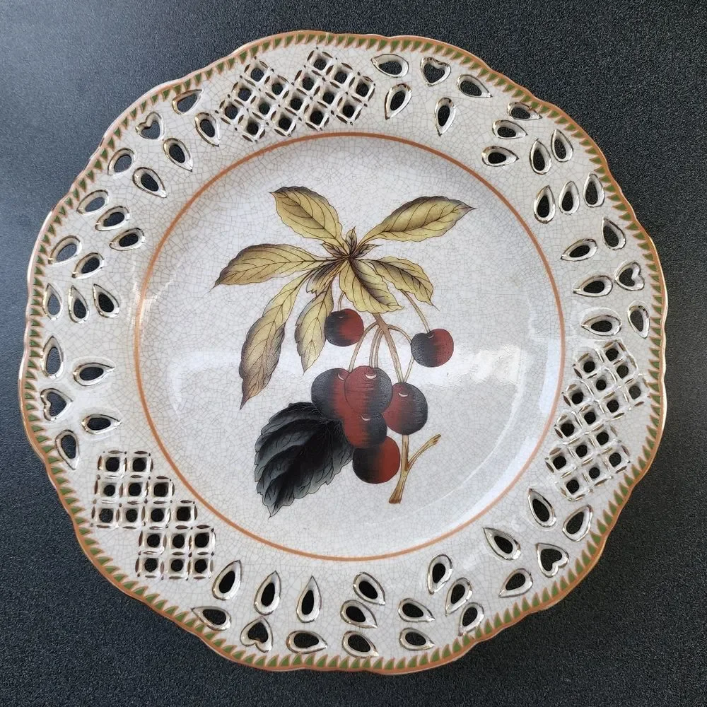 Set of Two Vintage Reticulated Porcelain Plates With Botanical Fruit Design 10.5